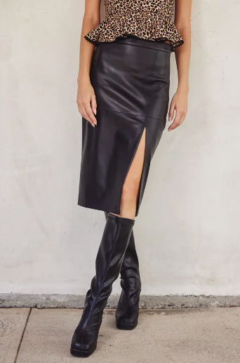 The Faux Leather Midi Slit Skirt