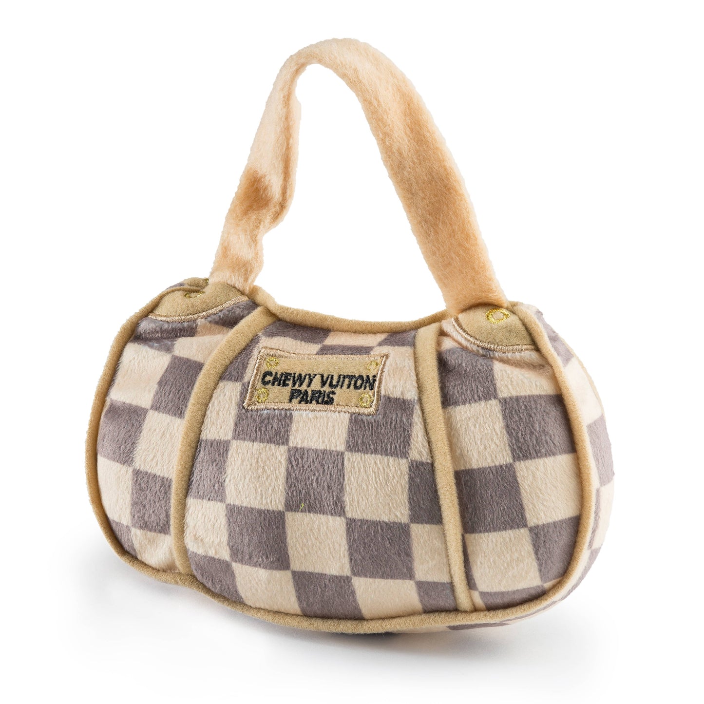 The Checker Chewy Vuiton Handbag Squeaker Dog Toy